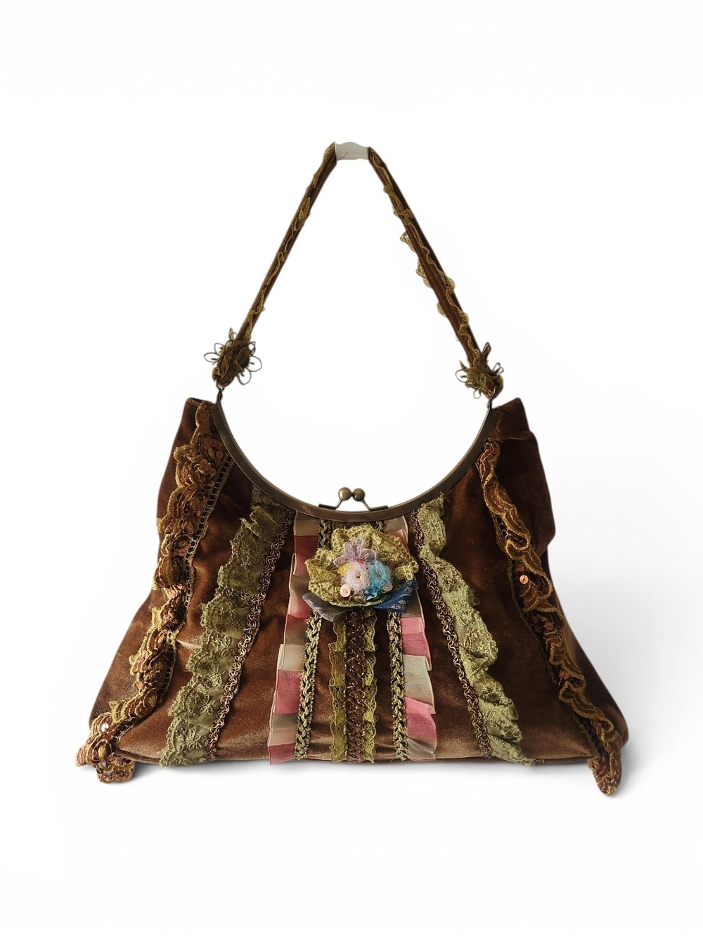Vintage-Inspired Brown Velvet Shoulder Bag with Lace Trim